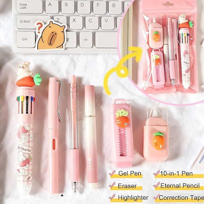MOZXIRZ 6 Pcs Cute Rabbit Carrot Stationery Set for Women Back to School Supplies Office Supplies Including Gel Ink Pens Ballpoint Pens Pencil Eraser (Carrot)