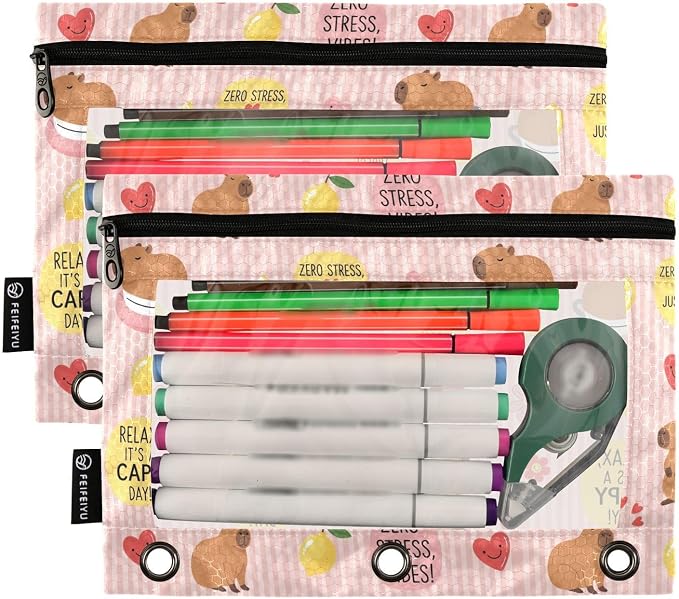 Emelivor Cute Capybara Stirpe Pencil Pouch for 3 Ring Binder 2 Pcs Binder Pouches with Zipper Pocket Pencil Case Bag with Clear Window for Office Work College Home Supplies