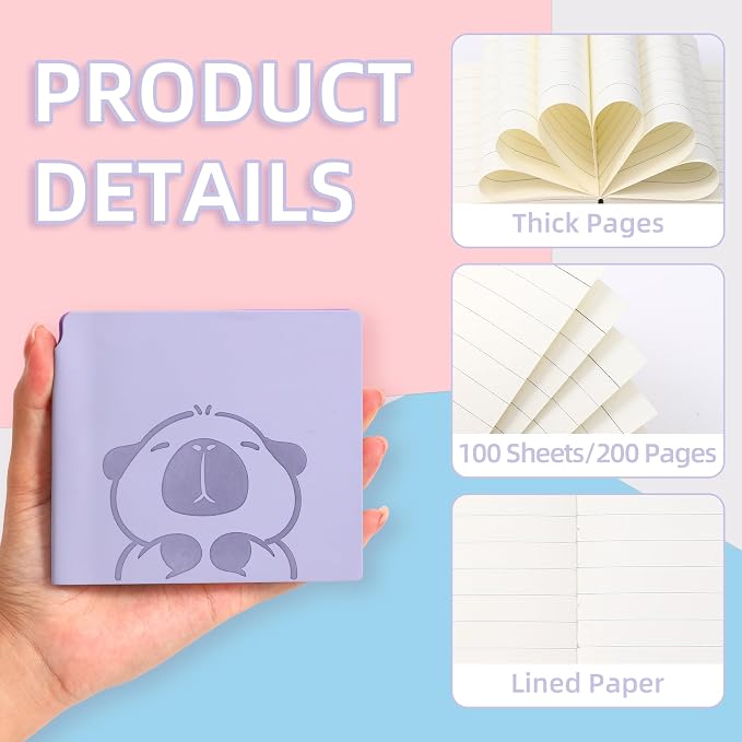 BOBO RABBIT 3 Pack Mini lined Notebooks Pocket Size Journal 200 Pages Small Softcover Leather Cartoon Capybara Cute Journal for Student Note Taking Writing Lay Flat, 3.9"x3.9" Inner(Mini Square)