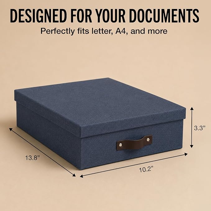 Bigso Oskar Canvas Fiberboard Document Letter Box - File Organizer Box for Important Paperwork - Document Storage with a Lid & Leather Handle - 3.3 in x 10.2 in x 13.8 in - Blue