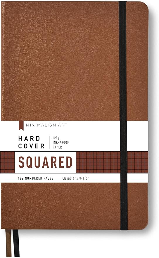 Minimalism Art, Premium Hard Cover Notebook Journal, Classic 5" x 8.3", 122 Numbered Pages, Gusseted Pocket, Ribbon Bookmark, Extra Thick Ink-Proof Paper 120gsm, San Francisco (Squared, Brown)