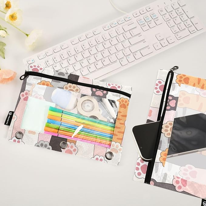 ALAZA Pencil Pouch for 3 Ring Binder, Cute Paw Prints Binder Pencil Pouches with Clear Window Zipper Pencil Case Cosmetic Bags for Office College Supplies, 2PCS