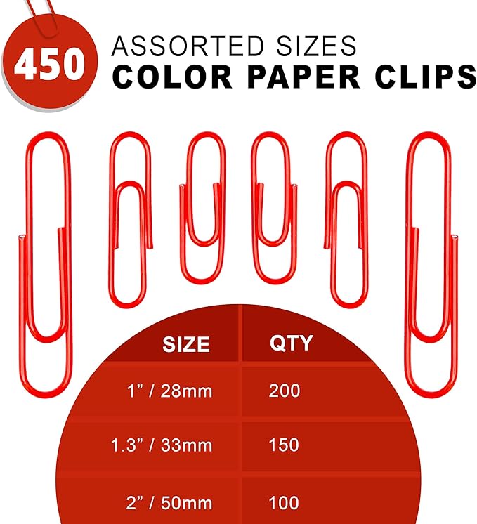 Kempshott 450 Red Color Paper Clips Assorted Sizes Small, Medium and Large Paper Clips for Paperwork Ideal for Home, School and Office Use (Assorted, Red)