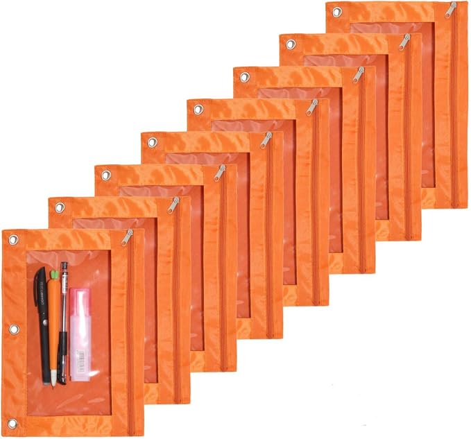 Zippered Pen Pencil Binder Pouch | 3 Rings with Clear Window for School Classroom Organizers 8 Pcs (Orange)
