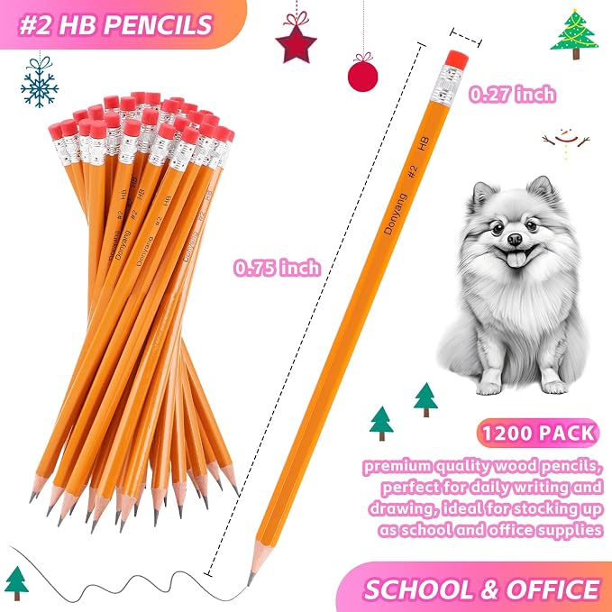 1200 Pack Wood-Cased #2 HB Pencils Bulk, Pre-Sharpened Yellow Pencils #2 | Number 2 Pencils with Erasers for Writing Drawing and Sketching, Office Teacher Essentials Accessories, School Supplies