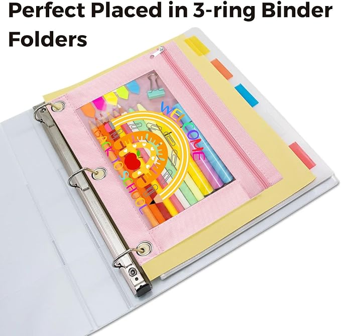 Pencil Pouch for 3 Ring Binder, Back to School Pencil Zipper Case Bag with Three Hole Clear Window for School Supplies