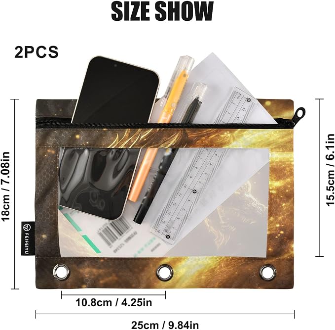 Dragon Golden Light Binder Pouches 3 Ring for Boys Girls School Office College Supplies Dinosaur Monster Dino Pencil Pouches Case Bag with Clear Window and Zipper 2 Pack