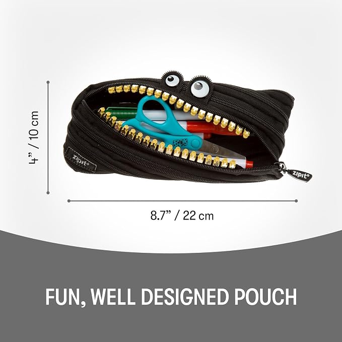 ZIPIT Grillz Pencil Case for Kids, Cute Zipper Pouch for Boys Girls and Teens, Stationery Bag for School ,Black