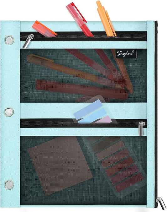 SKYDUE 3 Ring Pencil Pouch for Binder, Zipper Binder Pencil Pouch with 3 Pockets and Mesh Window, Durable Organizer for School Supplies, Cables, Earbuds, Makeup