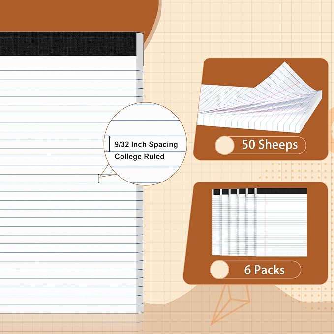 Legal Pads 8.5 X11, Narrow Ruled Notepads, 6 Pack, 50 Sheet/Pad | White Legal Pads, Tear Off Notepad, Perforated Writing Pad, Notebook Paper College Ruled, Notepads For Office Home School