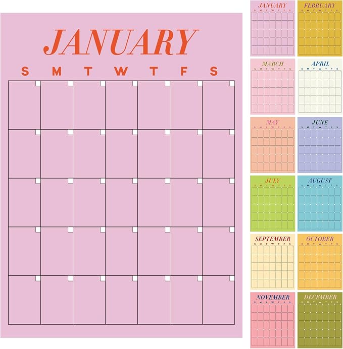 12 Pcs Undated Calendars 16‘'x20‘' Large Erasable Wall Calendar 12 Month Classroom Dry Ease Reusable Planning Colorful Yearly Blank Planner Reserved Grid for Office Home Educational Study Room Class