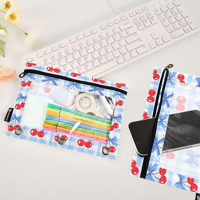 Cherry Blue Bow Buffalo Plaid Pencil Pouch for 3 Ring Binder 2 Pack Zipper Binder Pencil Bag with Clear Window Pencil Case for Office Supplies