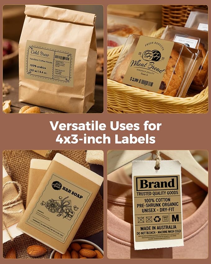MUNBYN 4x3 Thermal Labels, 500 Sheets/1 Roll, Brown | Strong Adhesive & Perforated, Non BPA&BPS for Small Business, Shipping, Bakery, Clothing