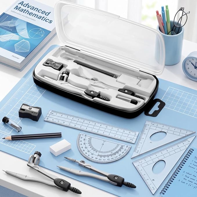 Zonon Math Geometry Set for Students 10 Pcs Compass Geometry Tools Kit Includes Protractor Compass Lead Refills Rulers Pencil Sharpener Eraser Pencil Storage Box for Drafting and Drawings(Black)