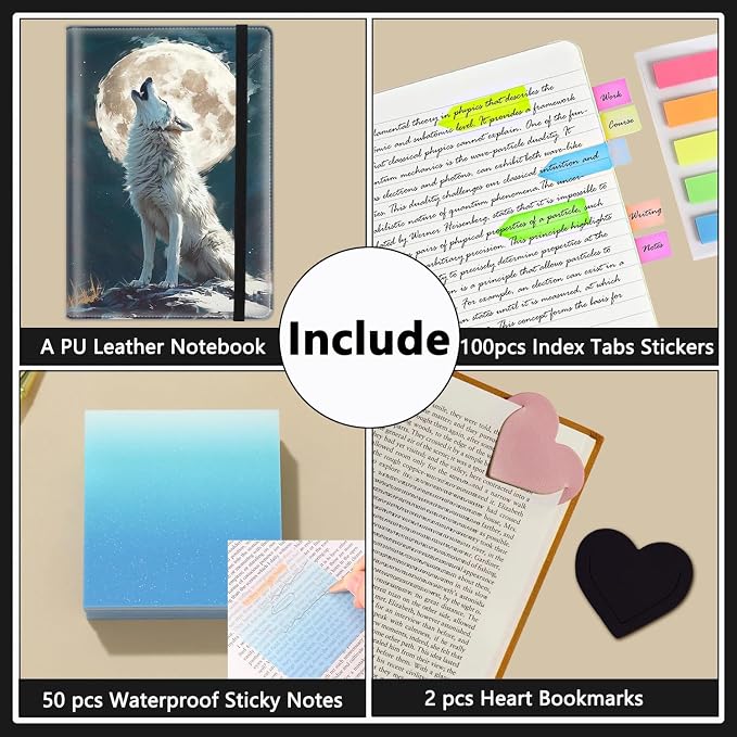 A5 Leather Lined Journal Notebook, 200 Pages Hardcover Executive Notebook for Men Women Office School Note Taking, Thick Writing Paper Daily Journal with Bookmarks/Indexes, White Wolf Moon
