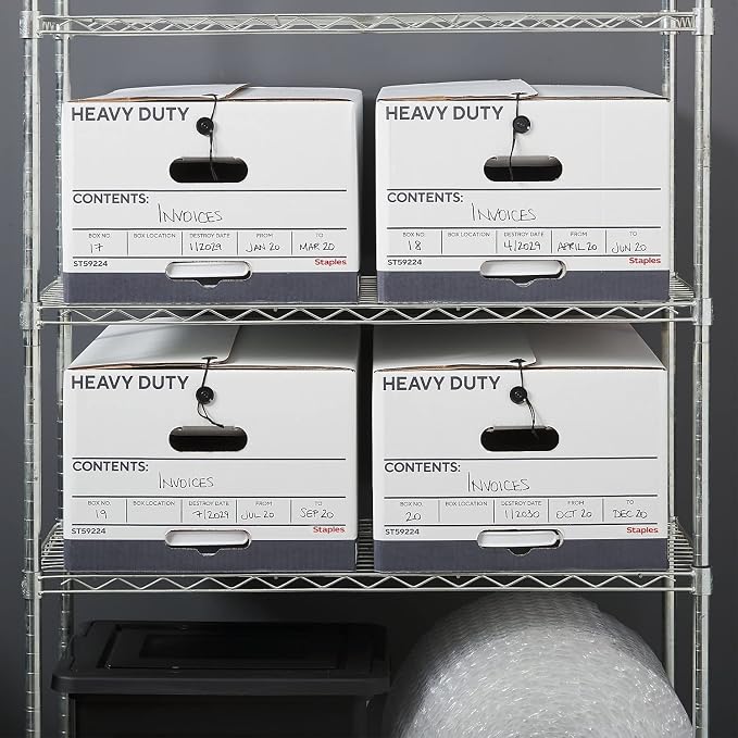 STAPLES Heavy Duty File Box, String and Button Lid, Legal, White/Gray, 4/Pack (TR59224)