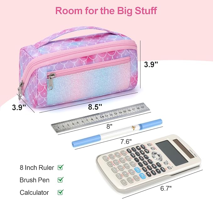 Large Pencil Case for Girls - Aesthetic Pencil Pouch for School | Kids Pencil Case & Wide Handle, Water Resistent Organizer Box,Fits 50 Pens & Markers, Daily Use, Glitter Pink Memarid