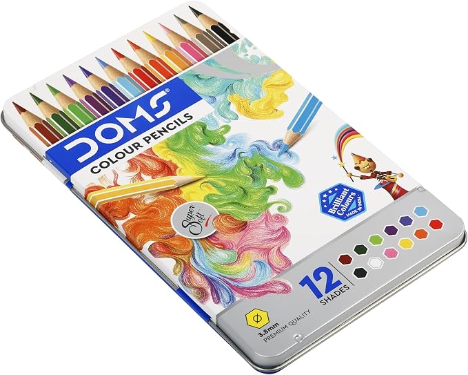 Doms Supersoft Non-Toxic Colour Pencil Set in Flat Tin Box (12 Assorted Shades)