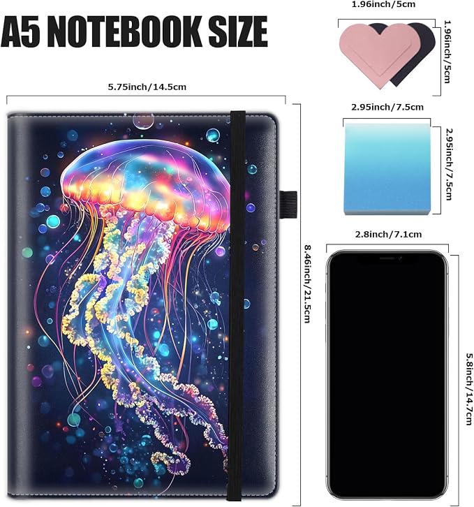 Hardcover Executive Notebooks, A5 PU Leather Lined Journal Notebook, 200 Pages Thick Paper Subject Notebooks for School,Work,Home Writing Business Notebook, Diary Book ，Colorful Jellyfish