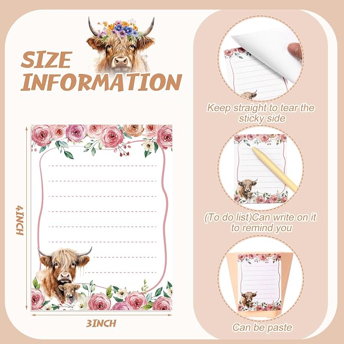 Chiisong 12 Pieces Highland Cow Sticky Notes 3x4 Inch Animal to Do List Just Loves Butterfly Sunflower Memo Notes Highland Cow Gifts Home Kawaii Cute Office Supplies