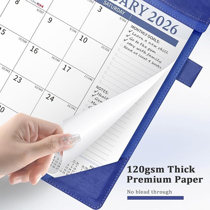 Ospelelf Leather Wall Calendar 2026-2027 with Storage Pocket, 12"x17" Monthly Large Desk Planner Pad with Protective Cover and Sticker, for Family Fridge Office Teacher Student, 18 Months January 2026 - June 2027 Navy Blue