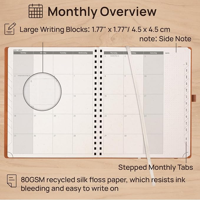 POPRUN 2027 Planner,8.5''x10.5'' Recycled Paper Weekly and Monthly Calendar | Daily Calendar Book with Italian Regenrated Leather, Appointment Book with Hourly Time Slots, Pen Holder - Black Grey