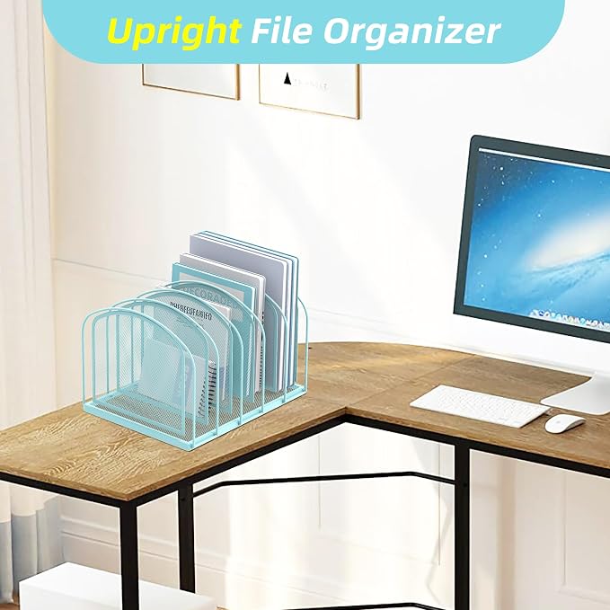 SUPEASY File Organizer 5-Section Mesh Desk Organizer, Upright File Organizer Desktop Organizer File Sorter, File Folder Holder for Office Supplies, Blue | 5 Vertical Compartments with Sturdy Metal Base for Office Documents Books Magazines and Laptop
