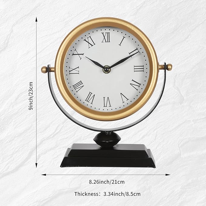 Vintage Analog Table Clock Battery Operated Silent Gold | Vintage Decor, Living Room Bedroom Office Shelf, Farmhouse Mantel Fireplace, Non-Ticking Silent, Small, Gold Desk Retro Style