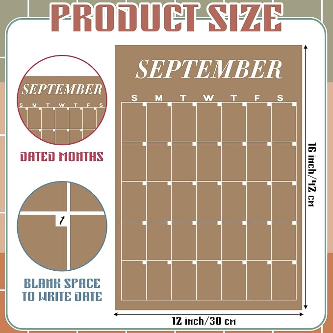 12 Pcs Rustic Undated Calendars 12‘'x16‘' Large Erasable Wall Calendar 12 Month Classroom Dry Ease Reusable Planning Colorful Yearly Blank Planner Reserved Grid for Office Home Educational Class