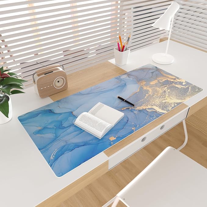 Colorful Star Blue Marble Leather Desk Mat, 31.5" x 11.8" | Waterproof Large Keyboard and Gaming Mouse Pads, Non-Slip Blotter Writing Pad, Desk Decor Accessories for Women & Men