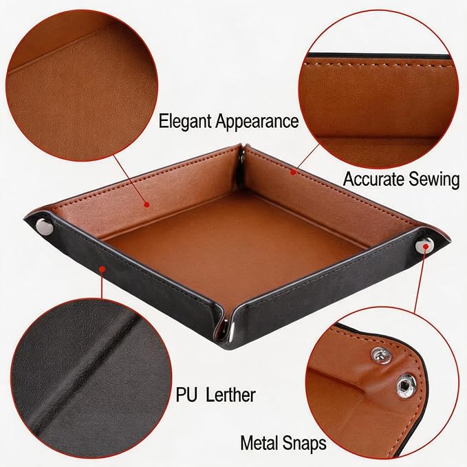 Valet Tray Desktop Storage Organizer – Vegan Leather Catchall Tray Bedside Vanity Tray Nightstand Caddy Holder for Remote Controller, Watch, Keys, Phone, Wallet, Coin, Jewelry, Brown