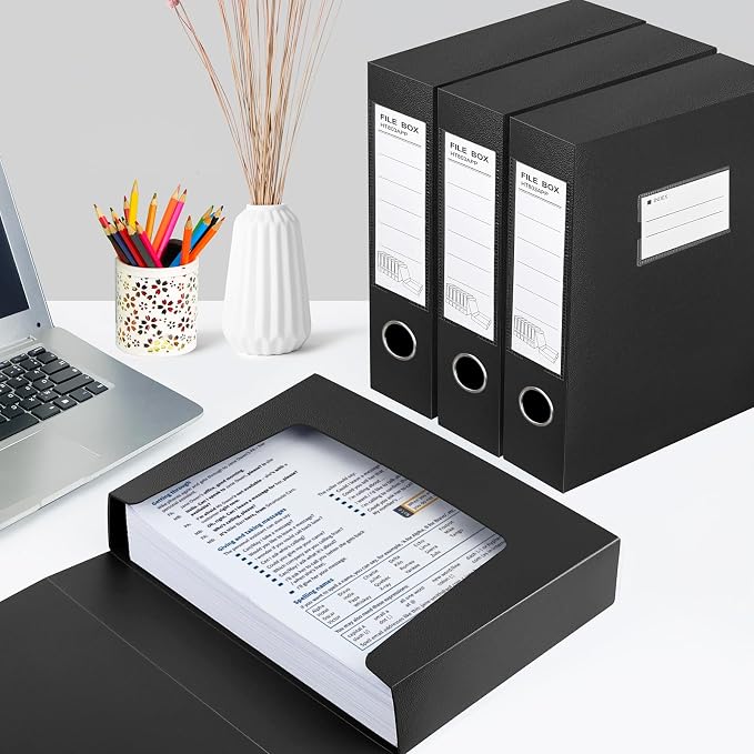 HUA JIE 2 Pack A4 Storage File Boxes Archives Case,65mm Spine,Box File Document Storage Box for Office School -Black