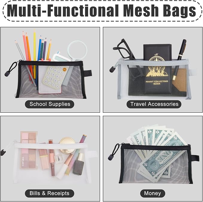 Leelosp 80 Pcs Mesh Zipper Pouch Bulk Mesh Pencil Pouches 10 Color Zipper Bag for Back to Supplies Cosmetic Office Travel Appreciation Gift(Black, Gray, White,9 x 4.7 Inch)