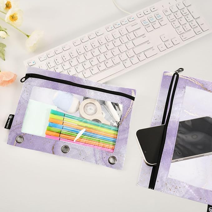 Purple Marble Ripple Pencil Pouch Fits standard 3-ring binders, Zipper Binder Pencil Bag with Clear Window for Class Office 2 Pack