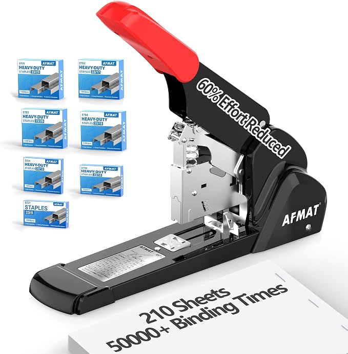 AFMAT Heavy Duty Stapler, 210 Sheet Staplers for Desk with 7000 Staples, Jam-Free, 50000+ Uses, 60% Reduced Effort, Easy Reload, Adjustable Paper Guide, Large Metal Manual Office Staplers, ES15