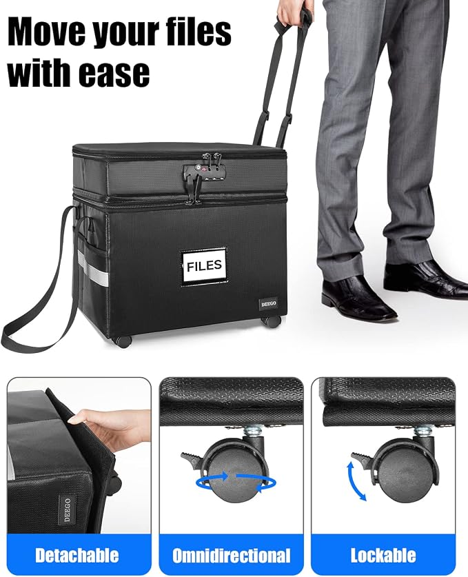 DEEGO 3 Layer Rolling File Box, Fireproof Document Box with Wheels | Multi-Layer Water-Resistant File Organizer Portable file Cabinet for Home Office for Hanging Letter/Legal Folder