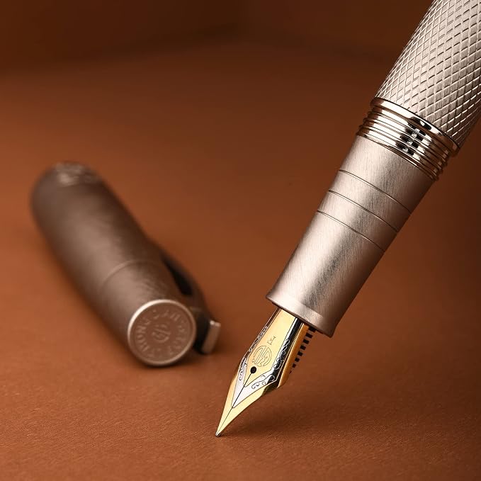 Hongdian 6013 Silver General Fountain Pen, Iridium Gold-silver Medium Nib Solid Metal Writing Pen with Metal Case