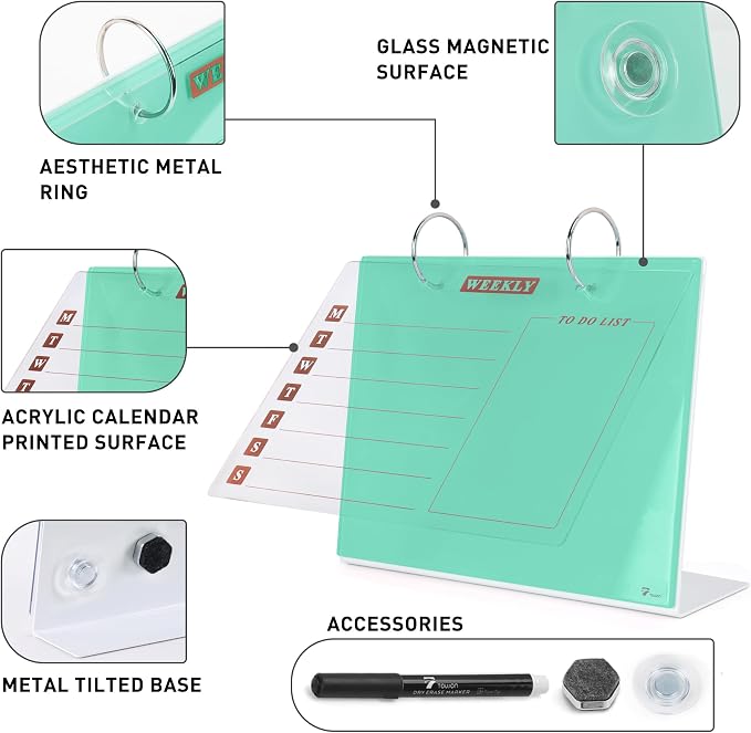 Desktop Glass Dry Erase & Acrylic Aesthetic Calendar Weekly to-do List Combo, Small Magnetic Standing Whiteboard, Desk Flip Easel Calendar with Accessories for Home Office Supply, Mint Green, 9 x 7''