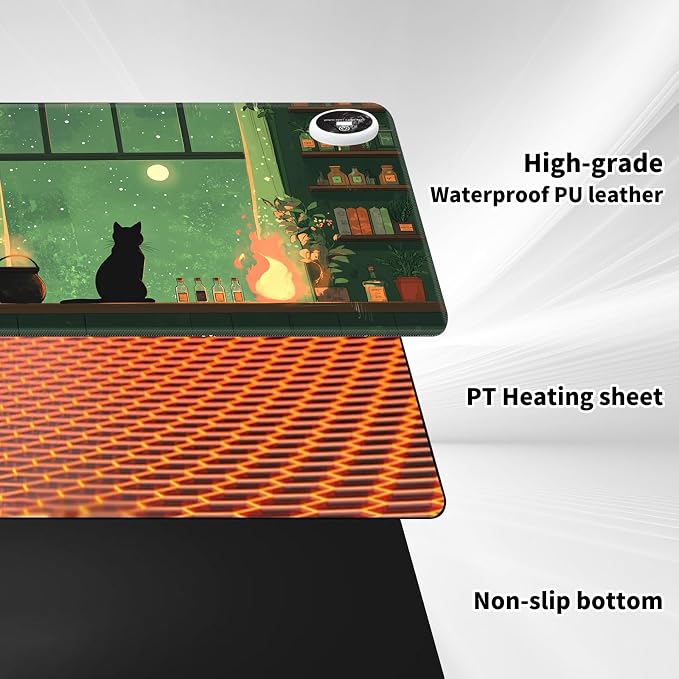 Warm Desk Pad,Heated Desk Pad,Office Mat,3 Heating Levels & 3 Hours Auto Shut-Off,31.5"*13" Gaming Mouse Laptop Keyboard Leather Desk Mat,Cat Green Window