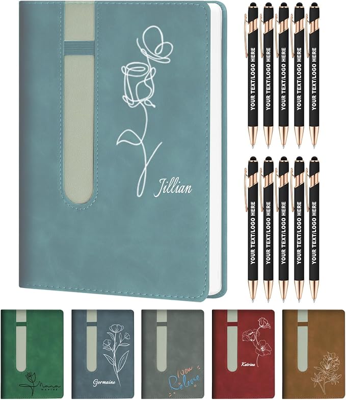 ENOMY A5 Personalized Notebook Set with 10 PC Pens Custom Journal with Pen Holder 200 Pages 80 GSM Custom Notebook for Writing Men Women, Light Blue