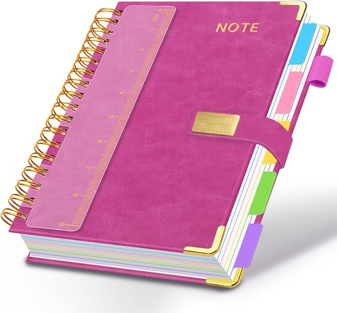 Hardcover Spiral Notebook 8''x 10'' College Ruled Notebook with Magnetic Closure, 300 Pages 5 Subject Notebooks with Pocket Dividers for Work School, B5 Leather Journal for Women, Men (Rose Purple)