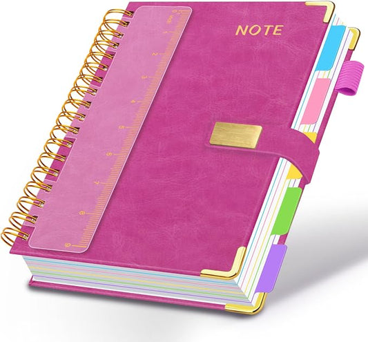 Hardcover Spiral Notebook 8''x 10'' College Ruled Notebook with Magnetic Closure, 300 Pages 5 Subject Notebooks with Pocket Dividers for Work School, B5 Leather Journal for Women, Men (Rose Purple)