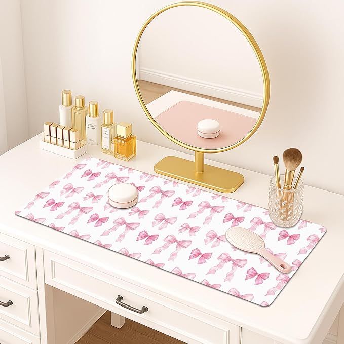 Britimes Pink Ribbon Bow Desk Mat Cute Girl Deak Pad Non-Slip PU Leather Large Keyboard Mouse Pad Office Desktop Accessories for Office,Work,Home Decor(31.5"X15.7")