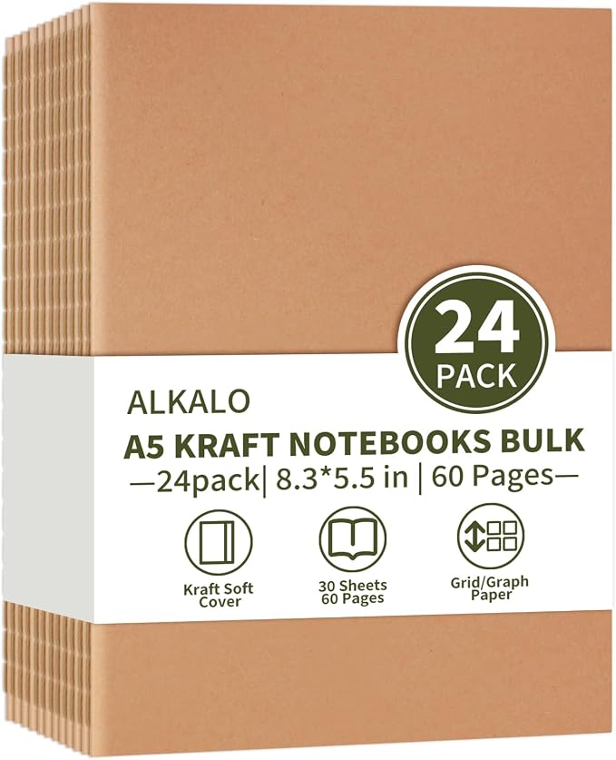ALKALO 24 Pack A5 Grid Kraft Notebooks Bulk, Journaling Notebooks, A5 Graph Paper Notebook, 8.3x5.5 Inches 60 Pages Travel Journal Notebooks Set for Work, School, Writing