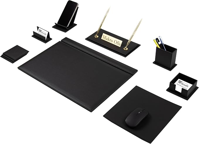 Venus Bonded Leather Executive Desk Set – 12-Piece Luxury Desk Organizer with Desk Pad, Mouse Pad, Name Plate, Pens & Office Accessories (5 Color Options)