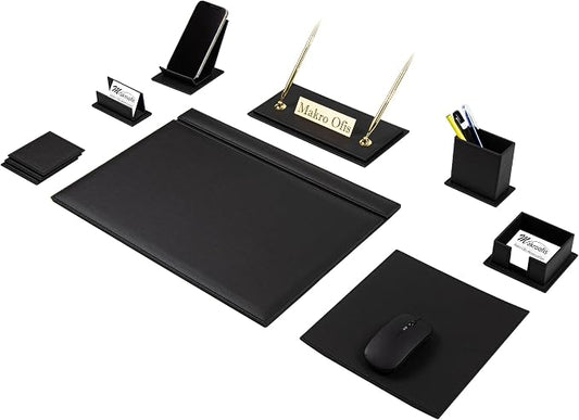 Venus Bonded Leather Executive Desk Set – 12-Piece Luxury Desk Organizer with Desk Pad, Mouse Pad, Name Plate, Pens & Office Accessories (5 Color Options)