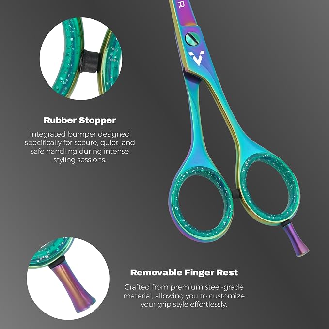 6.5” Hair Cutting Scissors – Professional Stainless Steel Barber Shears with Micro-Serrated Blades, No-Slip Precision Cut – Gift-Boxed with Leather Pouch for Salon & Home (Rainbow)