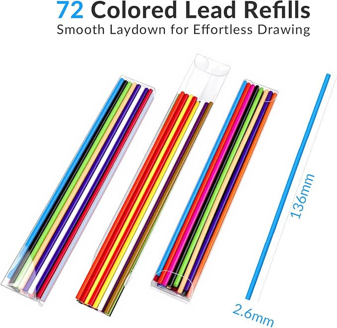 FUNLAVIE 2.6MM Colored Mechanical Pencil Lead Refills, 24 Assorted Color Pencils Refills, 3-Pack (72 PCS) – Oil-Based Soft Core Drawing Pencils, Vividly Brilliant Colors for Art & Sketching