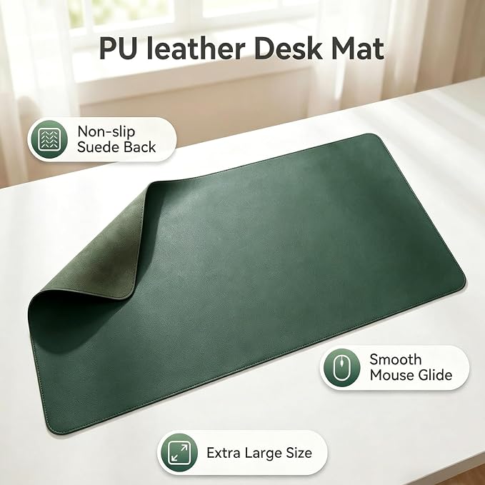 Office Desk Pad Protector, Mouse Pad, Non-Slip, PU Leather, Laptop Desk Blotter, Waterproof Writing Pad for Office and Home, Dark Green, 19.7'' x 27.97''