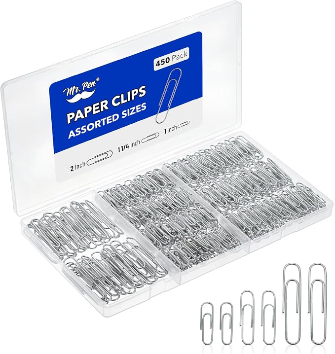 Mr. Pen- Silver Paper Clips, 450 pcs, 1", 1-1/4", 2" | Zinc Galvanized Silver Paper Clips with Storage Box, Large and Small for Office, School, DIY, Binder Clips